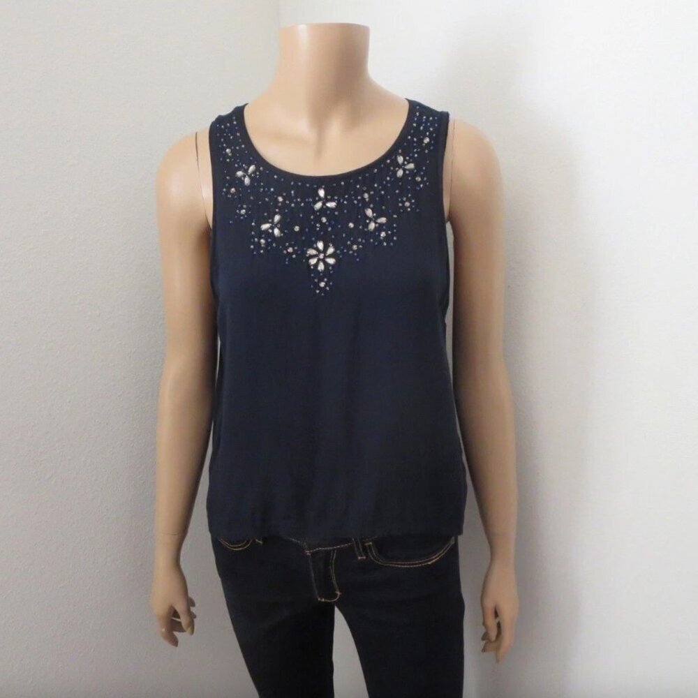 Hollister Womens Rhinestone Embellished Tank Top Size Medium Navy Blue